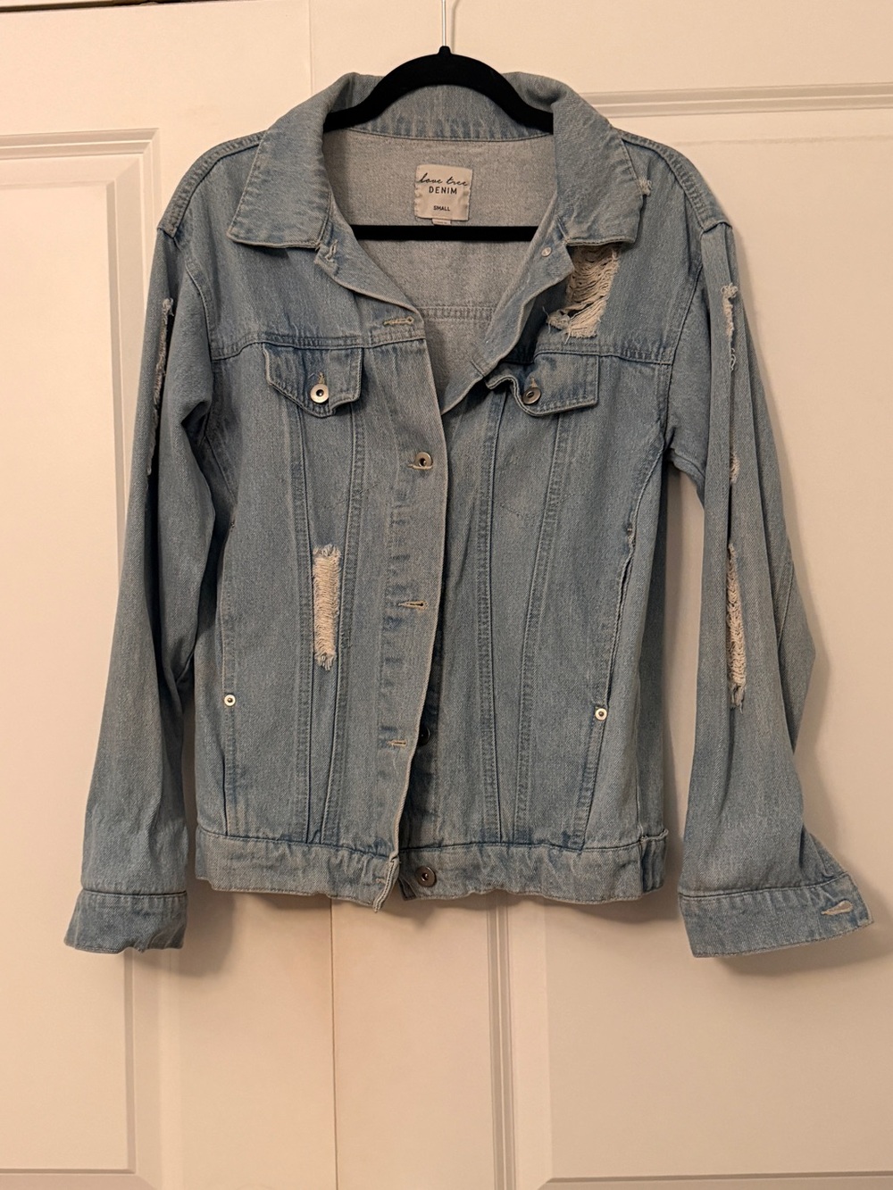 Love Tree Light Blue Distressed Denim Trucker Jacket